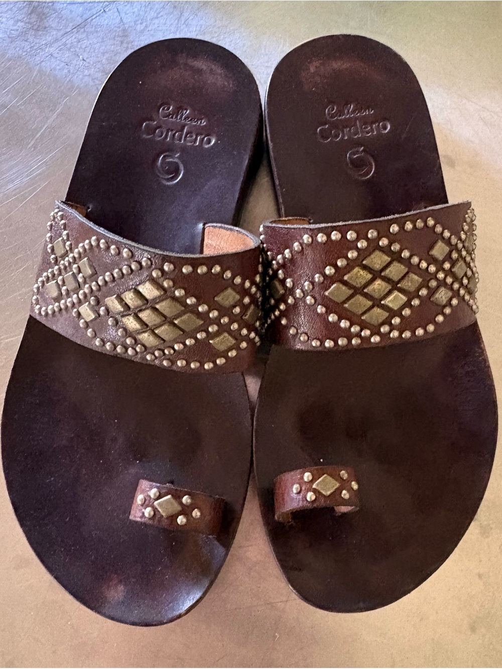 Caller. Cordero Brown Leather Studded Slide Sandals